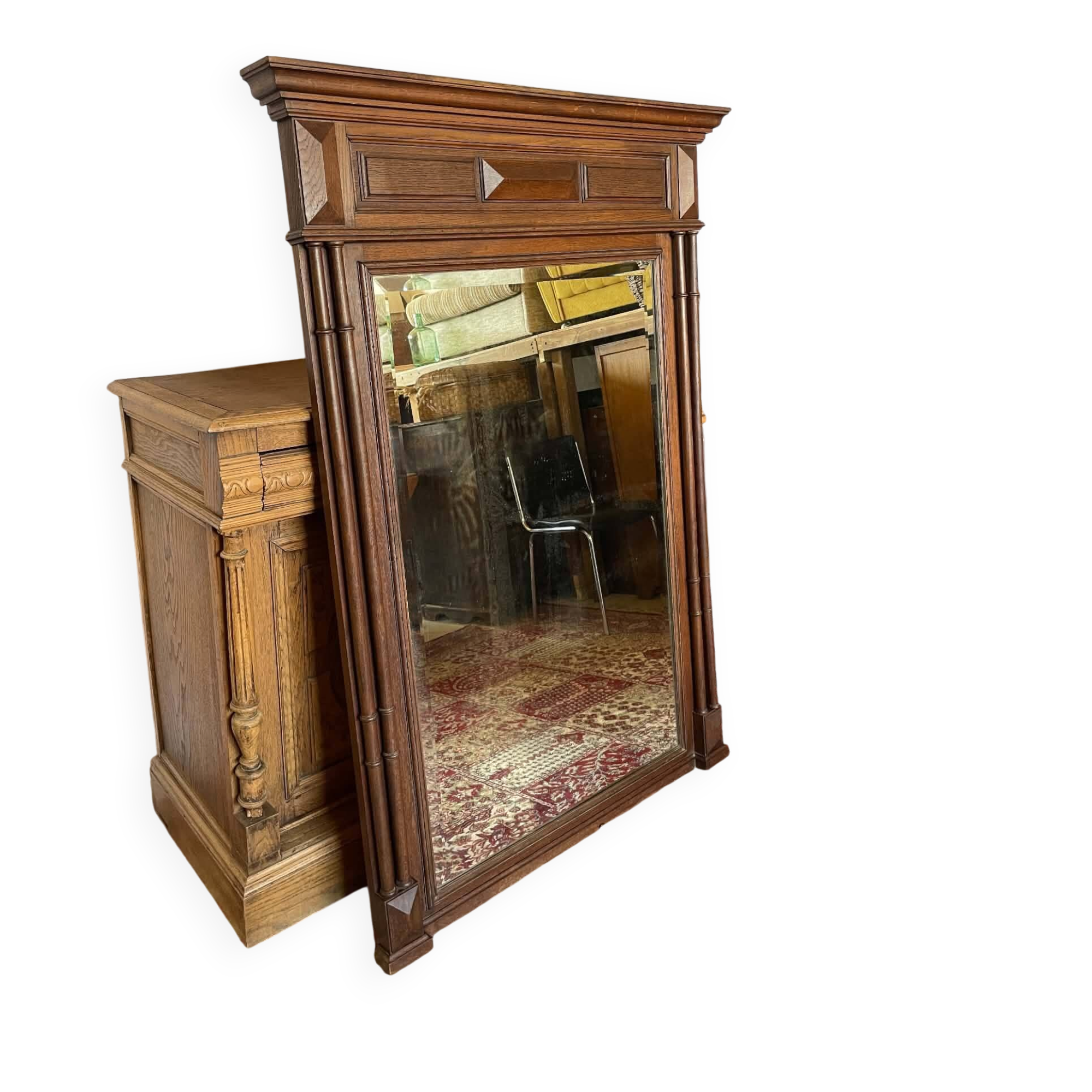 Large antique trumeau mirror in solid oak – Henri II style