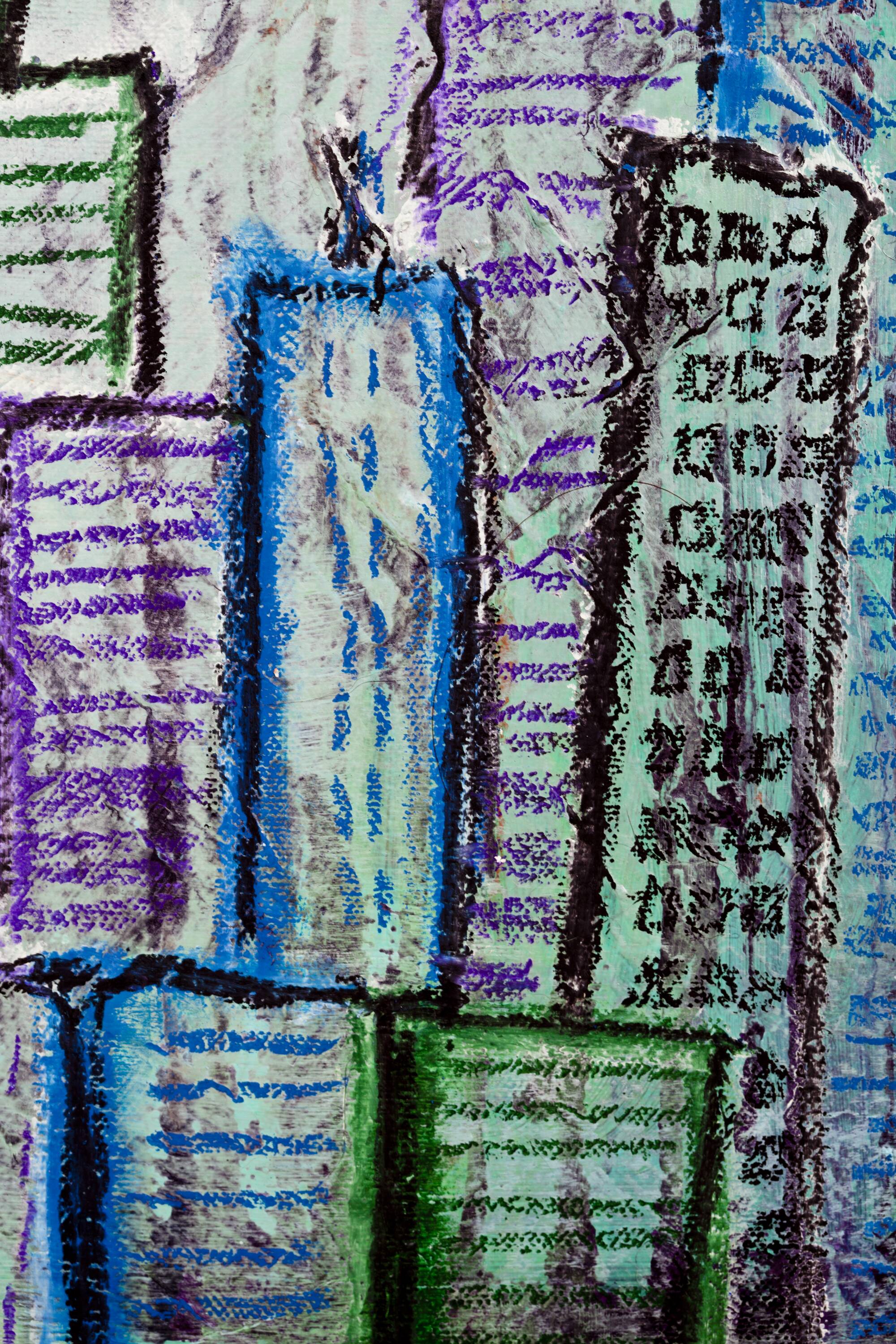 Contemporary paintig in teal, purple and green shades, acrylic on canvas