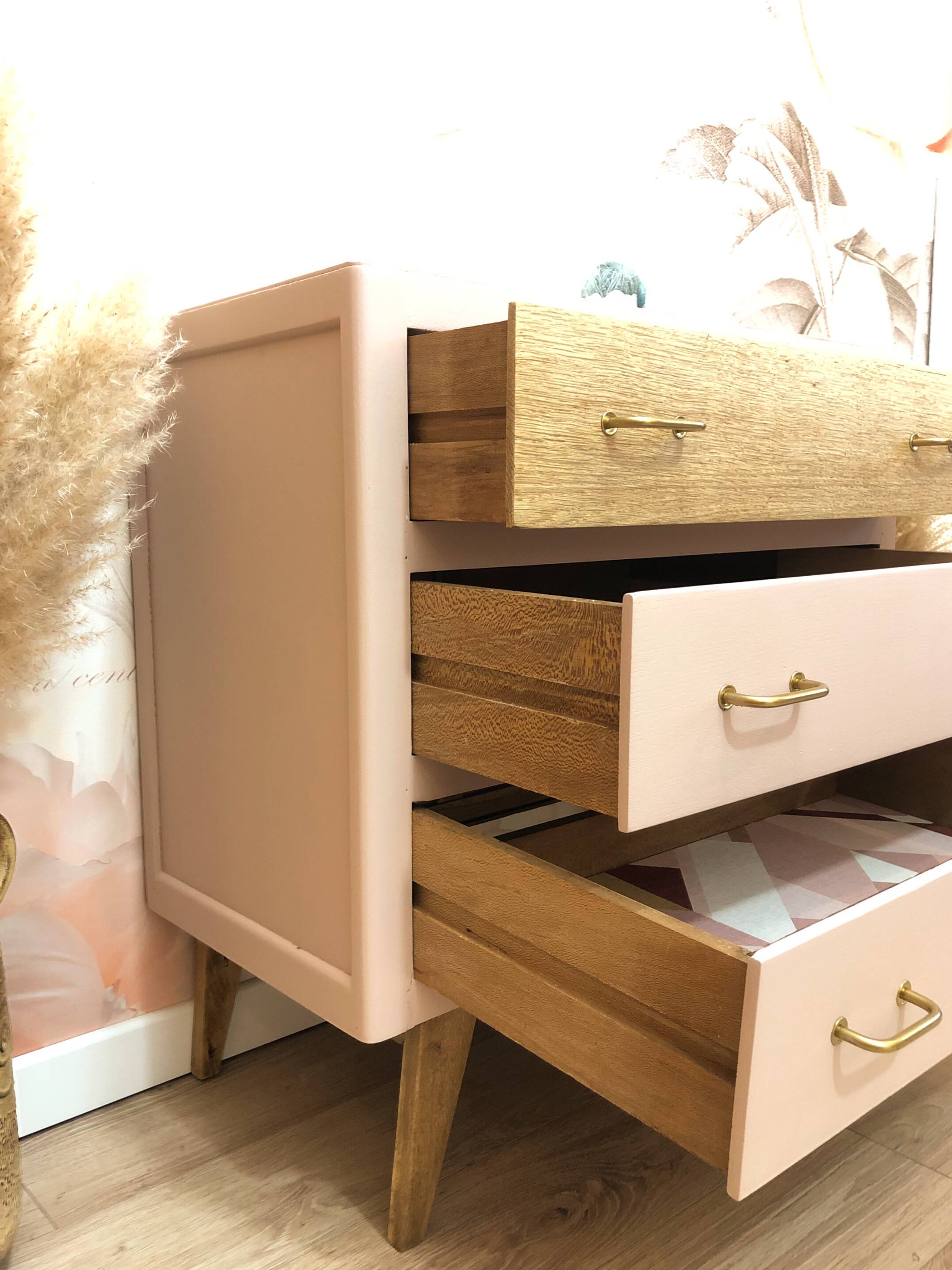 1960s chest of drawers, compass feet, rose liberté