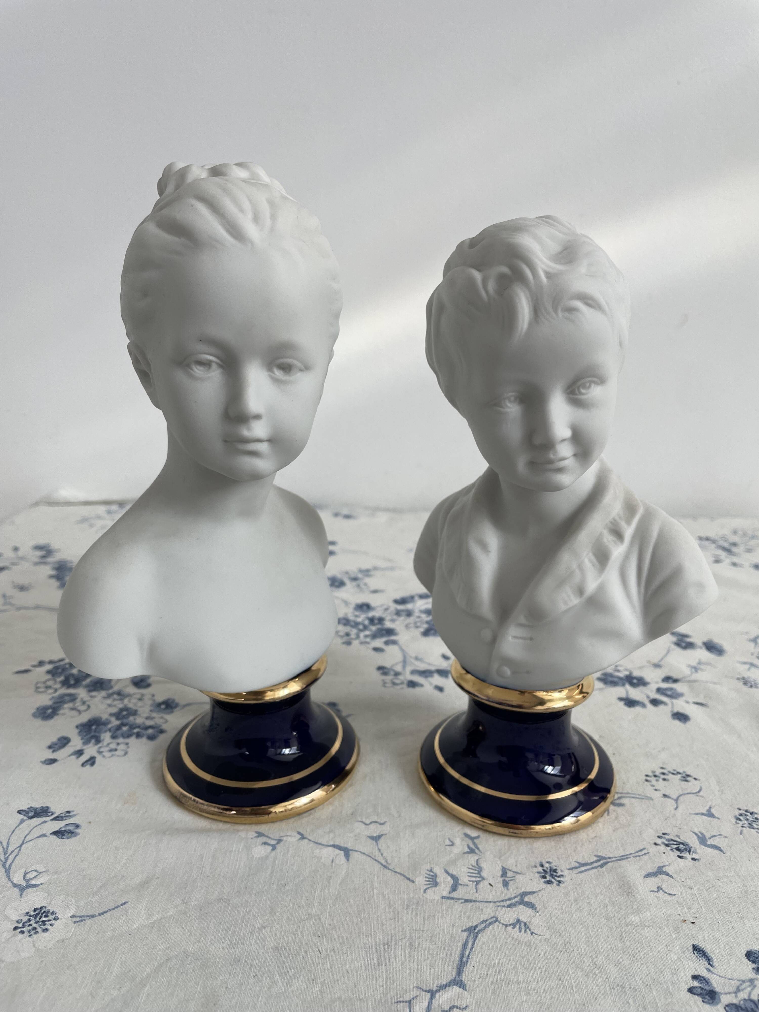 Pair of biscuit busts, Tharaud, Houdon, Louise and Alexandre Brongniart
