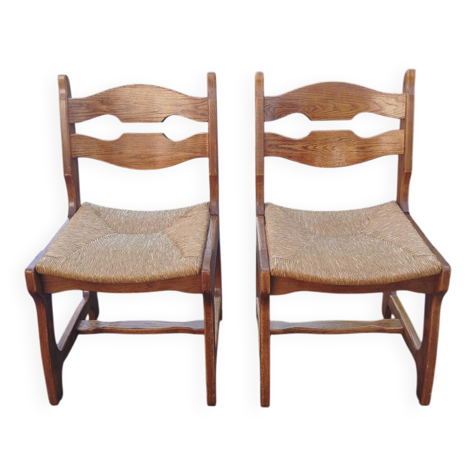 Pair of Brutalist Guillerme and Chambron Chairs in Solid Oak with Wove