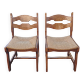 Paire de chaises brutalistes Guillerme et Chambron en chêne massif avec tissage.