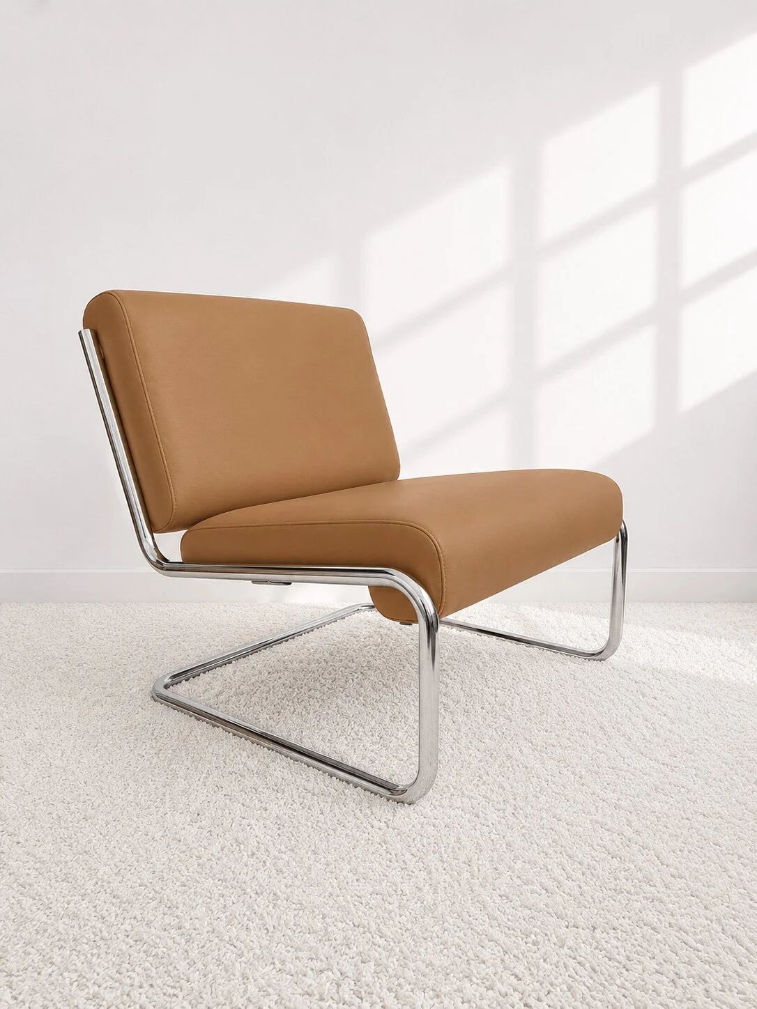 Vintage cantilever armchair. Brown faux leather upholstery. 60s