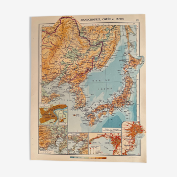 Ancienne carte de la Corée, du Japon et de la Mandchourie de 1945
