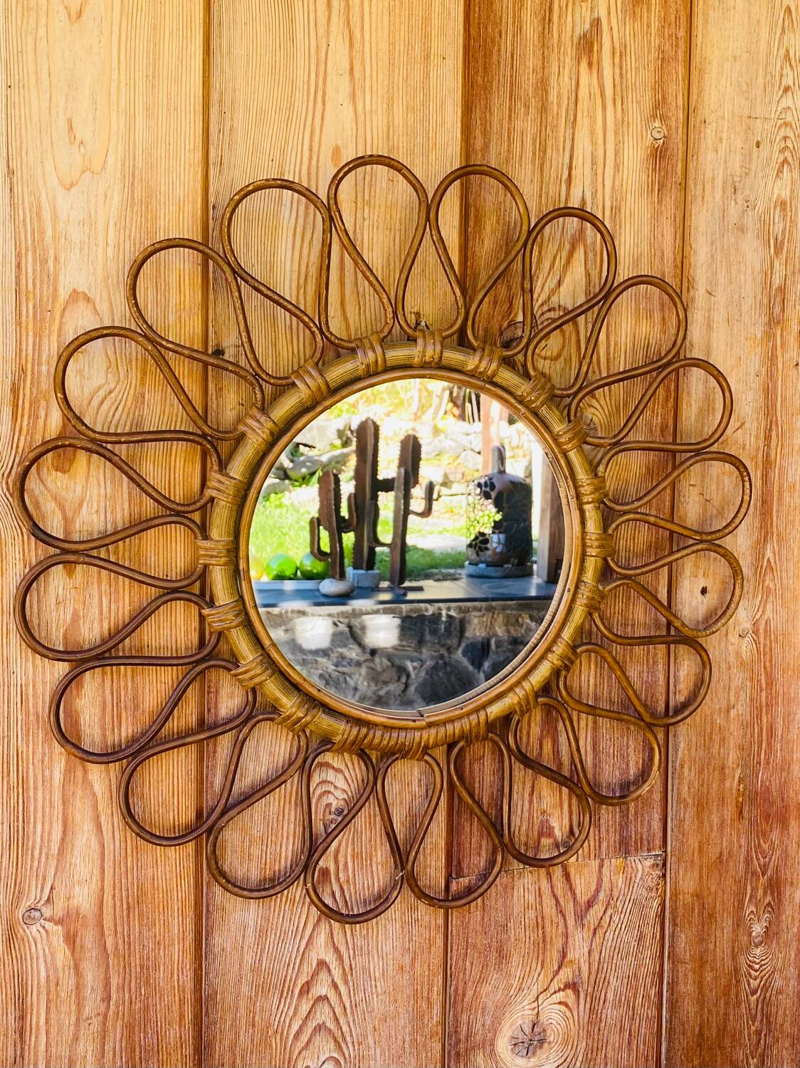 Vintage rattan flower sun mirror