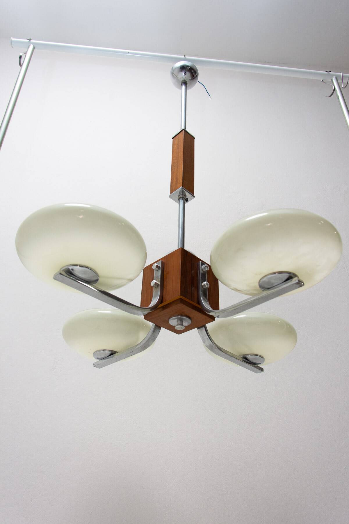 chrome and wood art deco pendant chandelier, circa 1930´s, bohemia