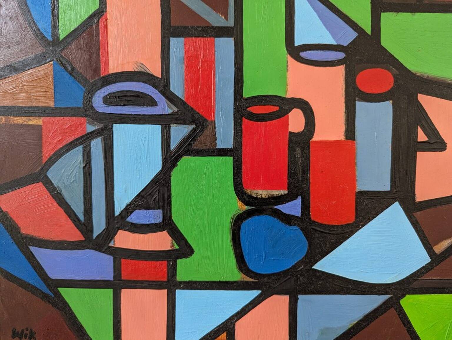 Mid-Century Modern "Geometric Still Life" Vintage Swedish Cubist Still Life Oil Painting, Framed