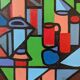 Peinture à l’huile de nature morte cubiste suédoise vintage moderne du milieu du siècle « Nature morte géométrique », encadrée