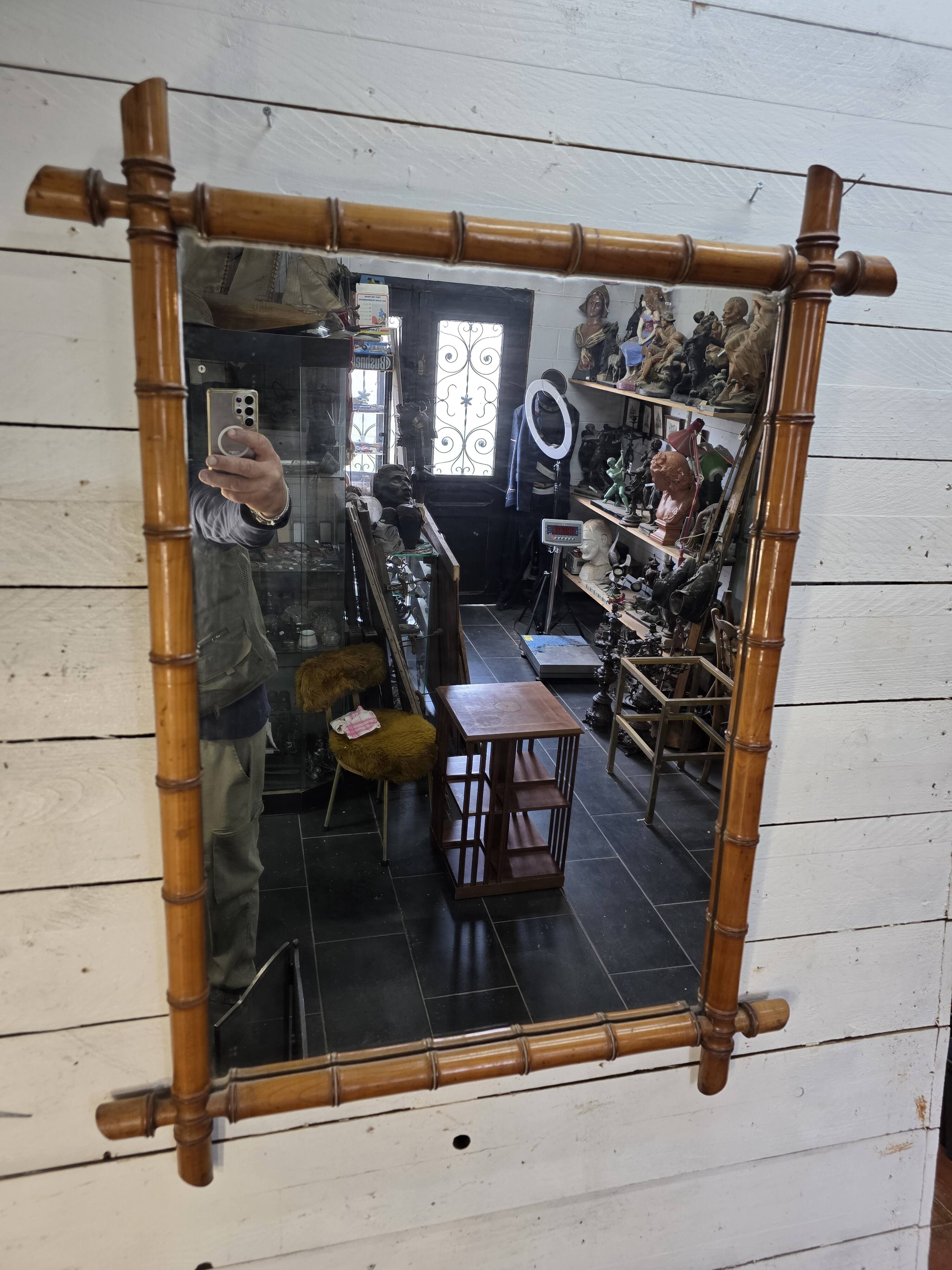 Large cherry wood bamboo mirror 100×76cm