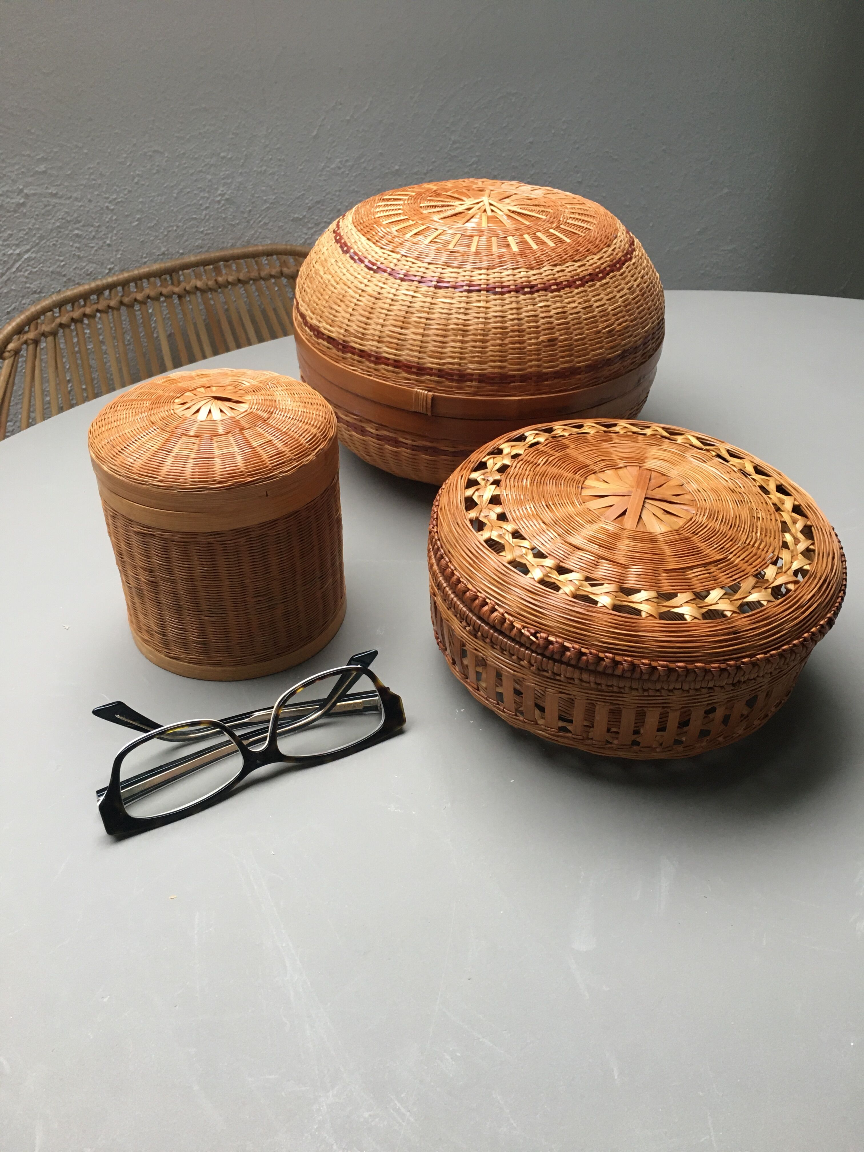 Lot of 3 bamboo lidbaskets