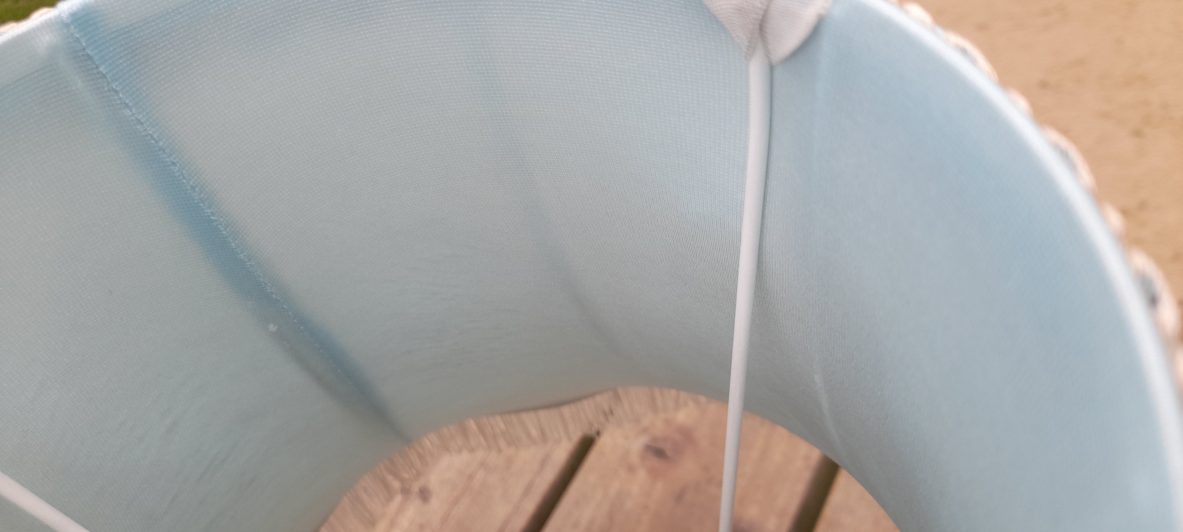 Lampshade pagoda white fabric lined, fringes and blue stripes