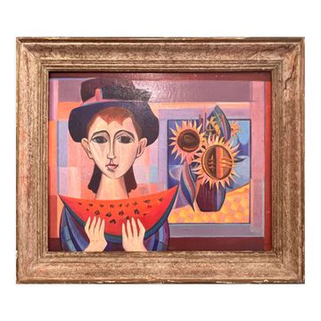 Oil on panel of sarres - girl a la pastheque