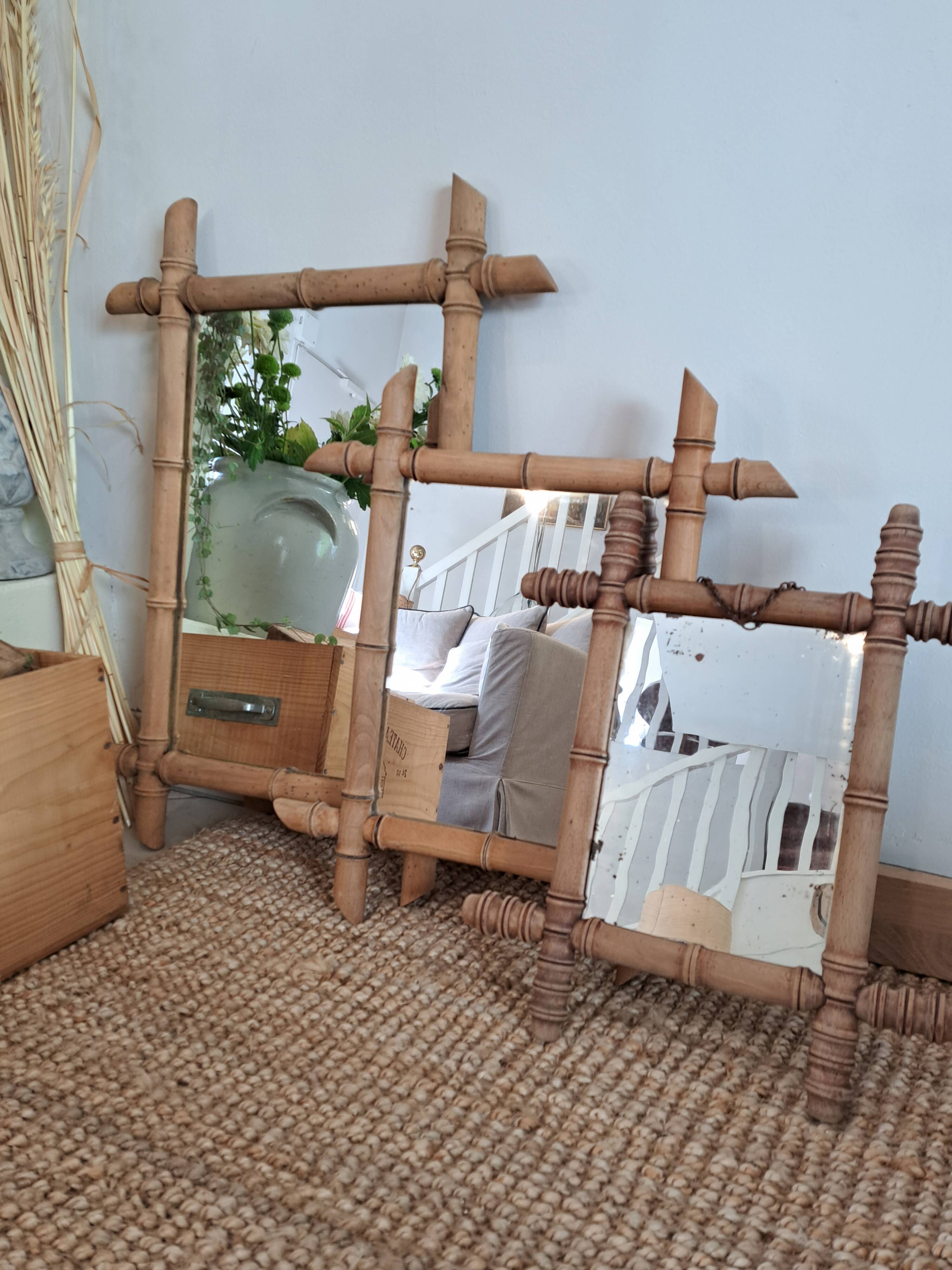 Set of vintage wood mirrors bamboo effect