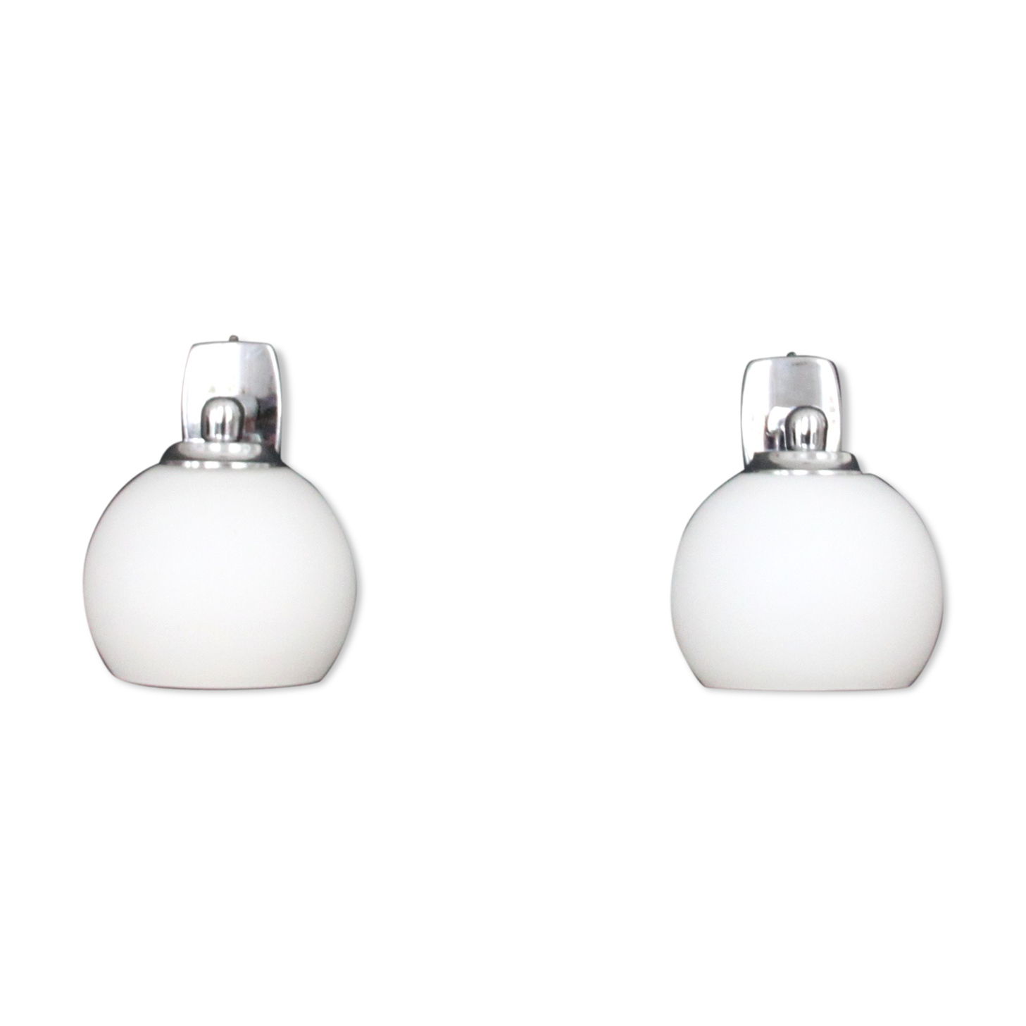 Pair of stainless steel and white glass wall sconces, seventies