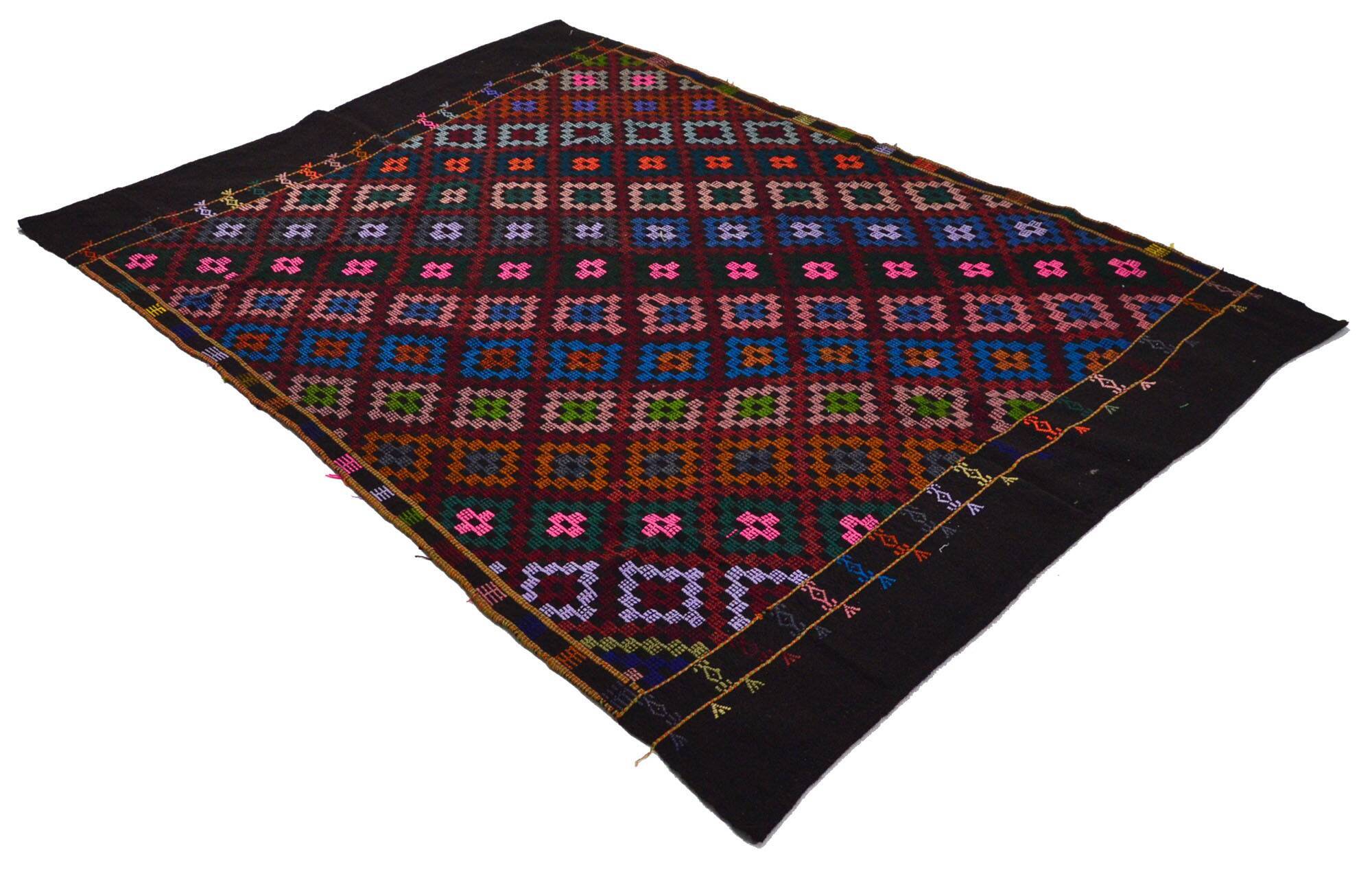 Large vintage Turkish kilim, graphic blue and pink, 282 x 203 cm.