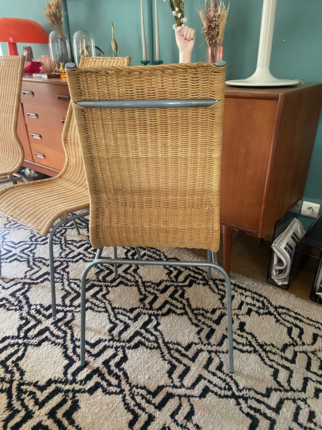 Trio of vintage Ikea rattan and aluminum chairs