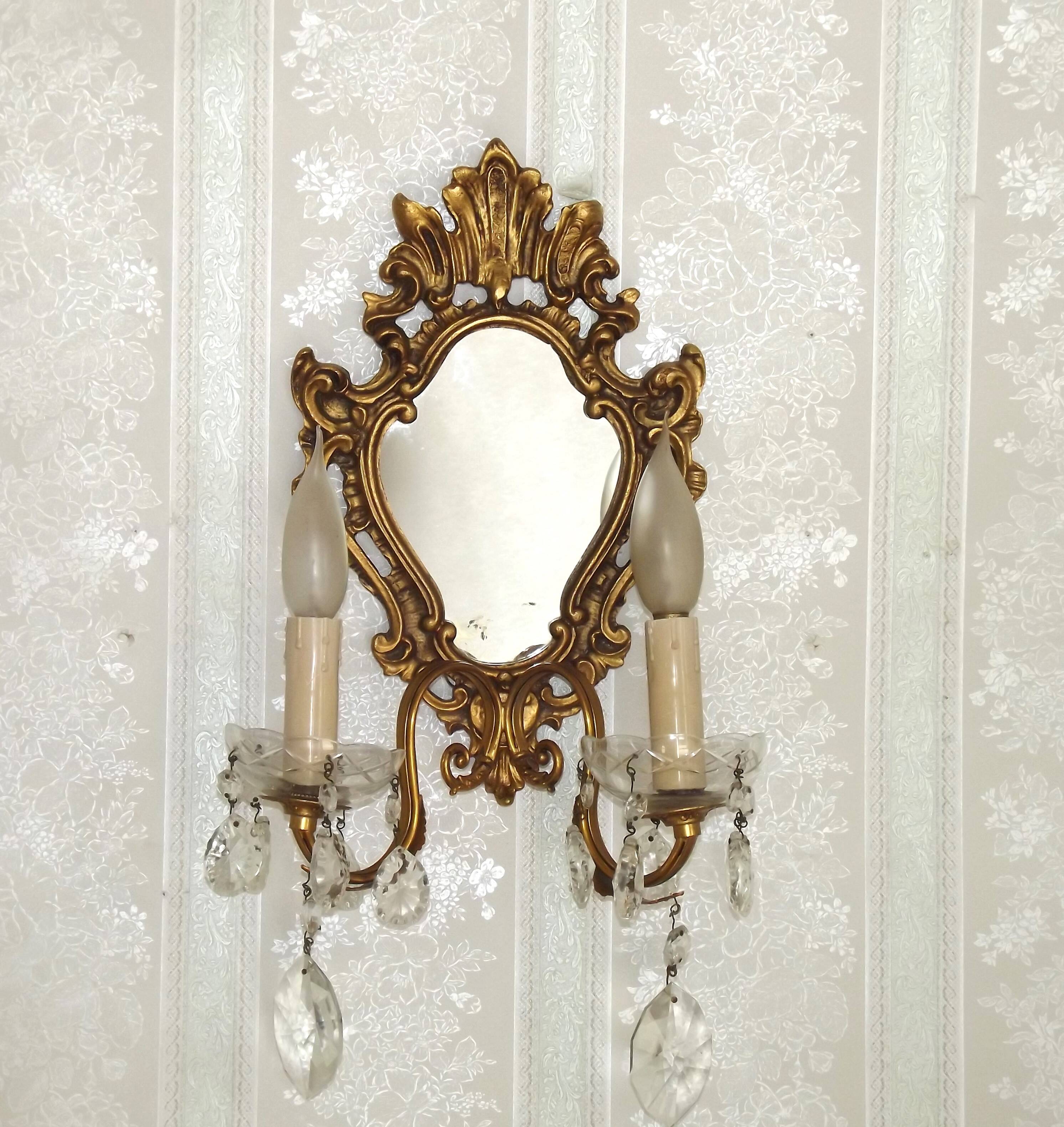 French Antique Gilt Bronze Double Light Crystal Mirrored Wall Sconce 4806