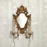 French Antique Gilt Bronze Double Light Crystal Mirrored Wall Sconce 4806