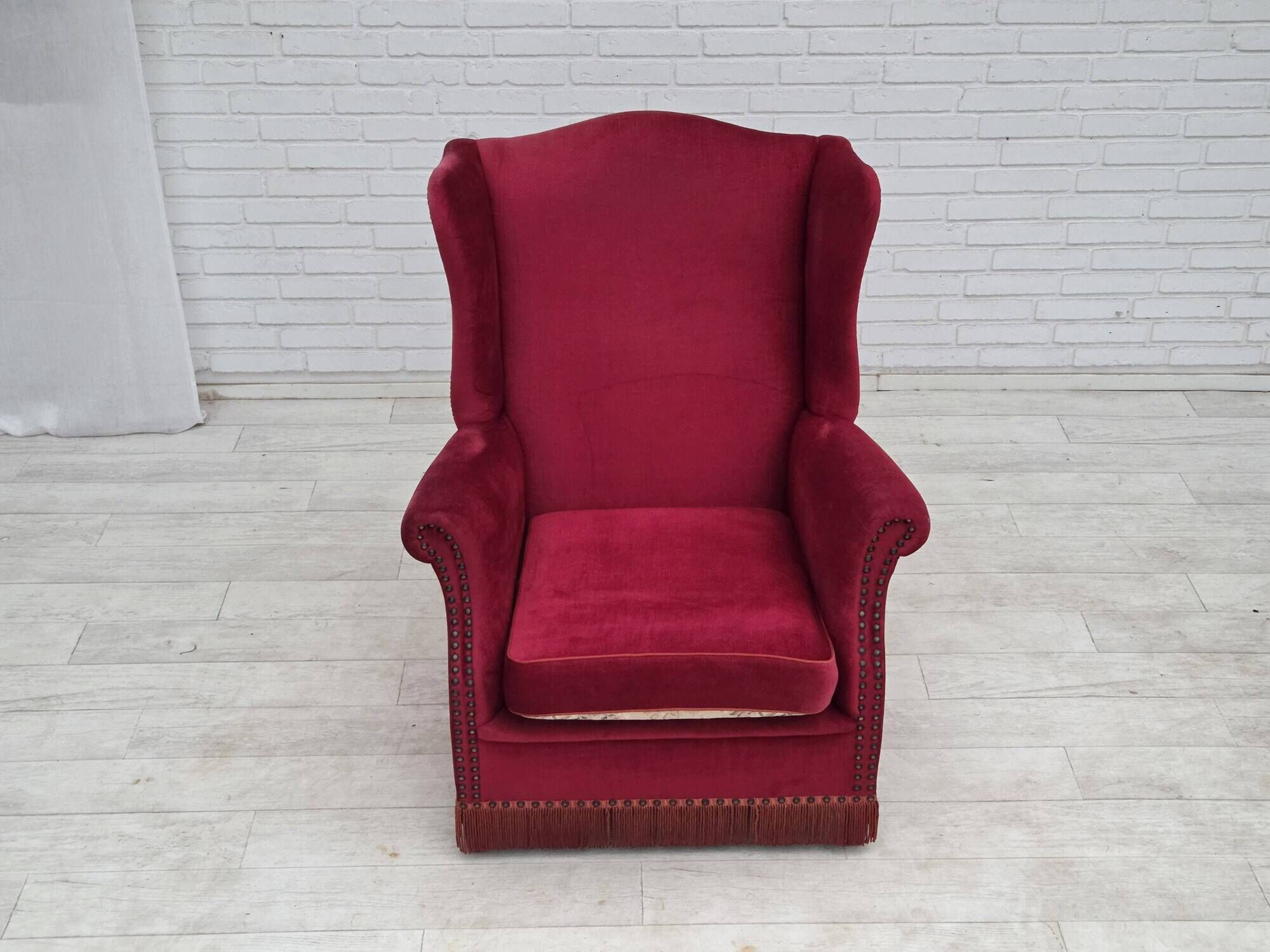 1970s, Danish highback armchair, furniture velour, ash wood legs.