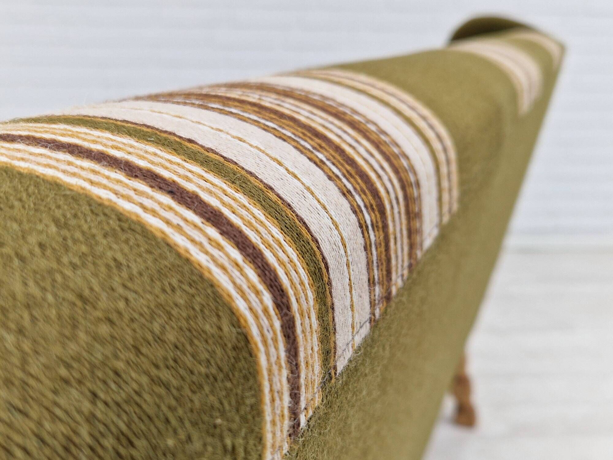 1970s, Danish vintage 3 seater, green fabric, oak wood, original condition.