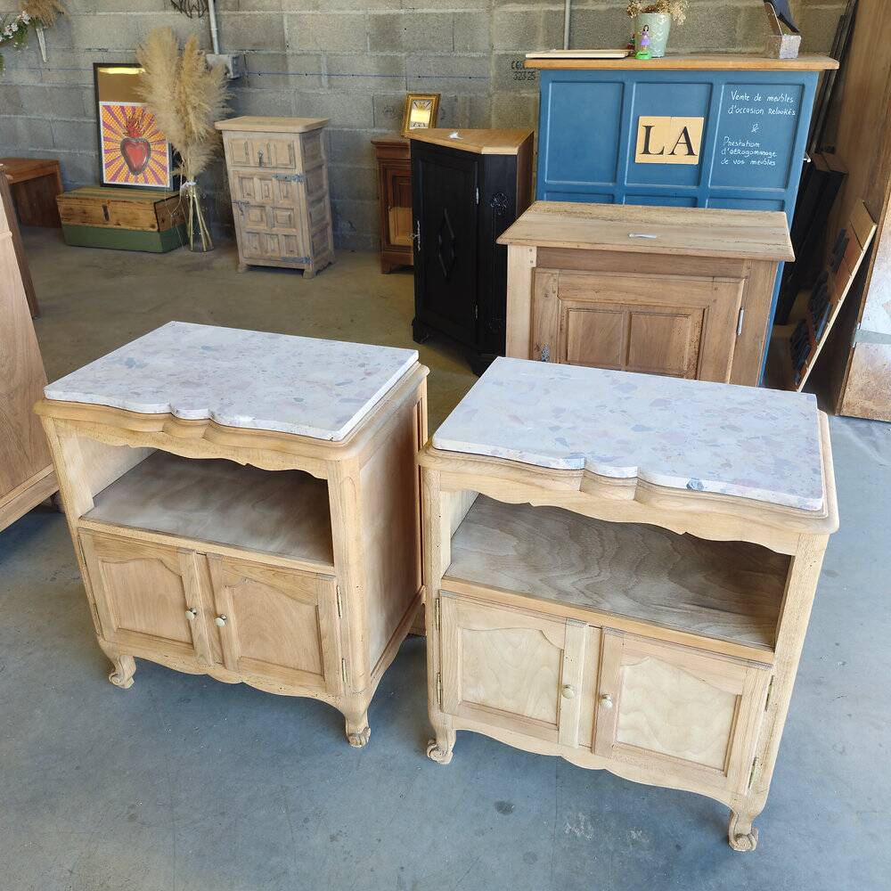 2 antique bedside tables made of solid wood and marble – sandblasted