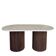 Oval coffee table in travertine and fluted wood.