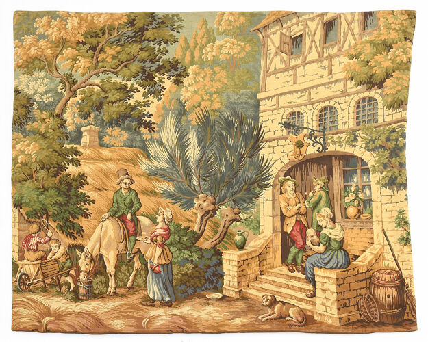Tapestry depicting a lively scene in front of a tavern