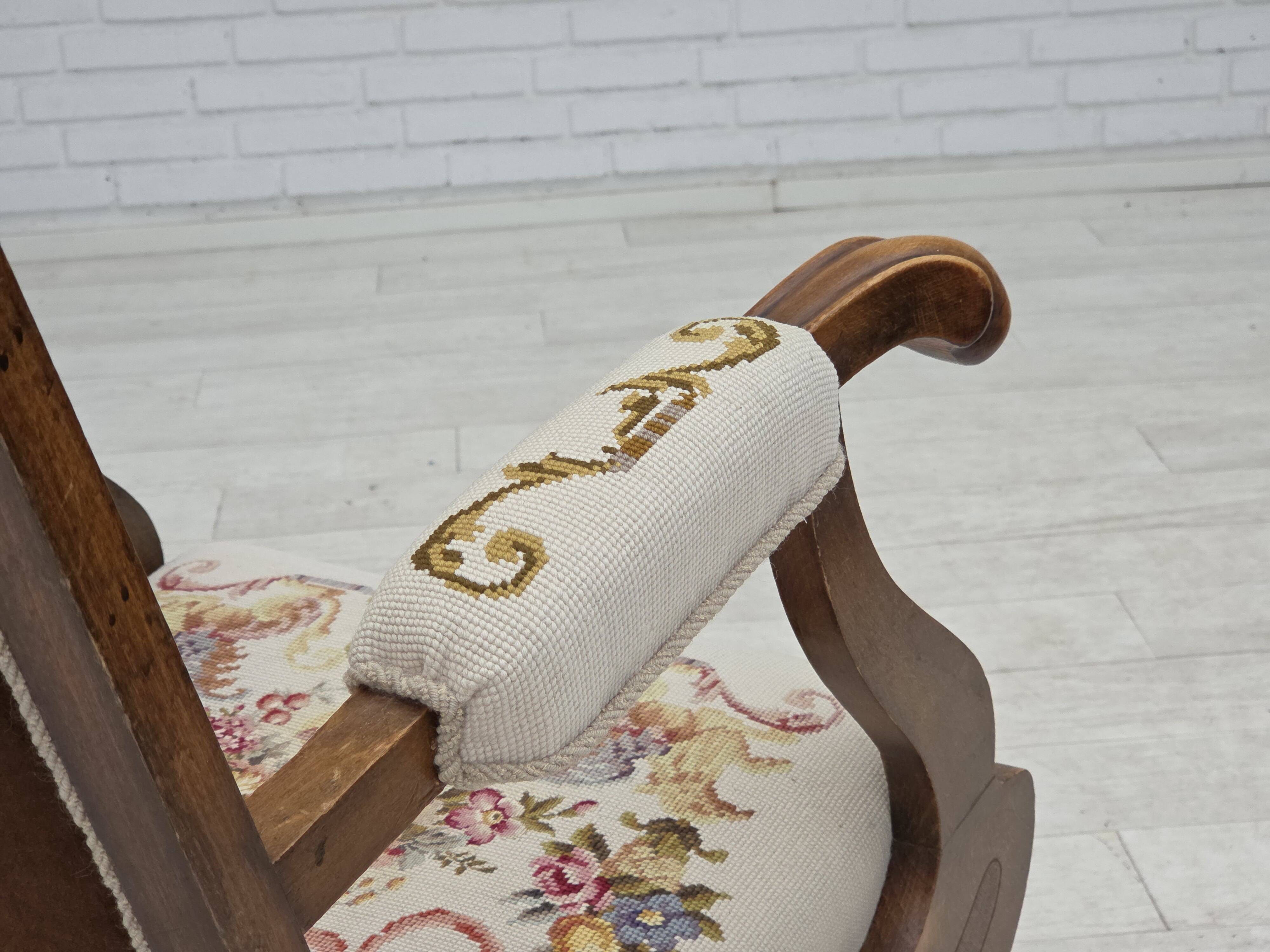 1930s, Danish highback rocking chair, original hand woven wool, ash wood.