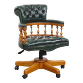 Classic green leather Chesterfield office chair on wheels.