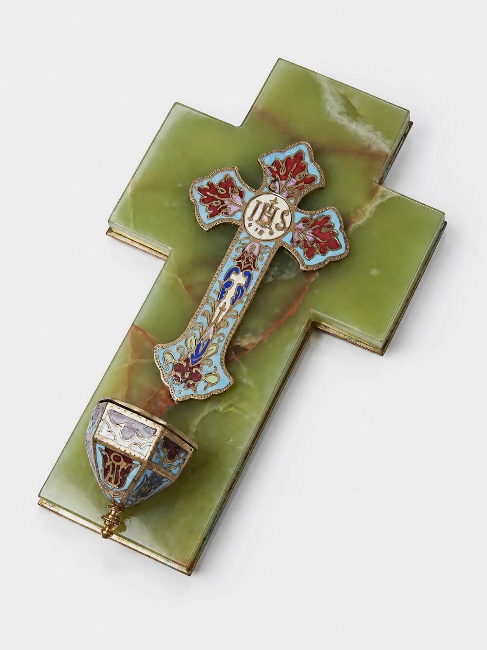 Vintage wall-mounted holy water font in onyx and cloisonné enamel, Italy, 1960s-1970s.