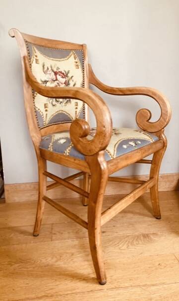 19th century St Empire armchair in pegged blond walnut with cross-stitched tapestries