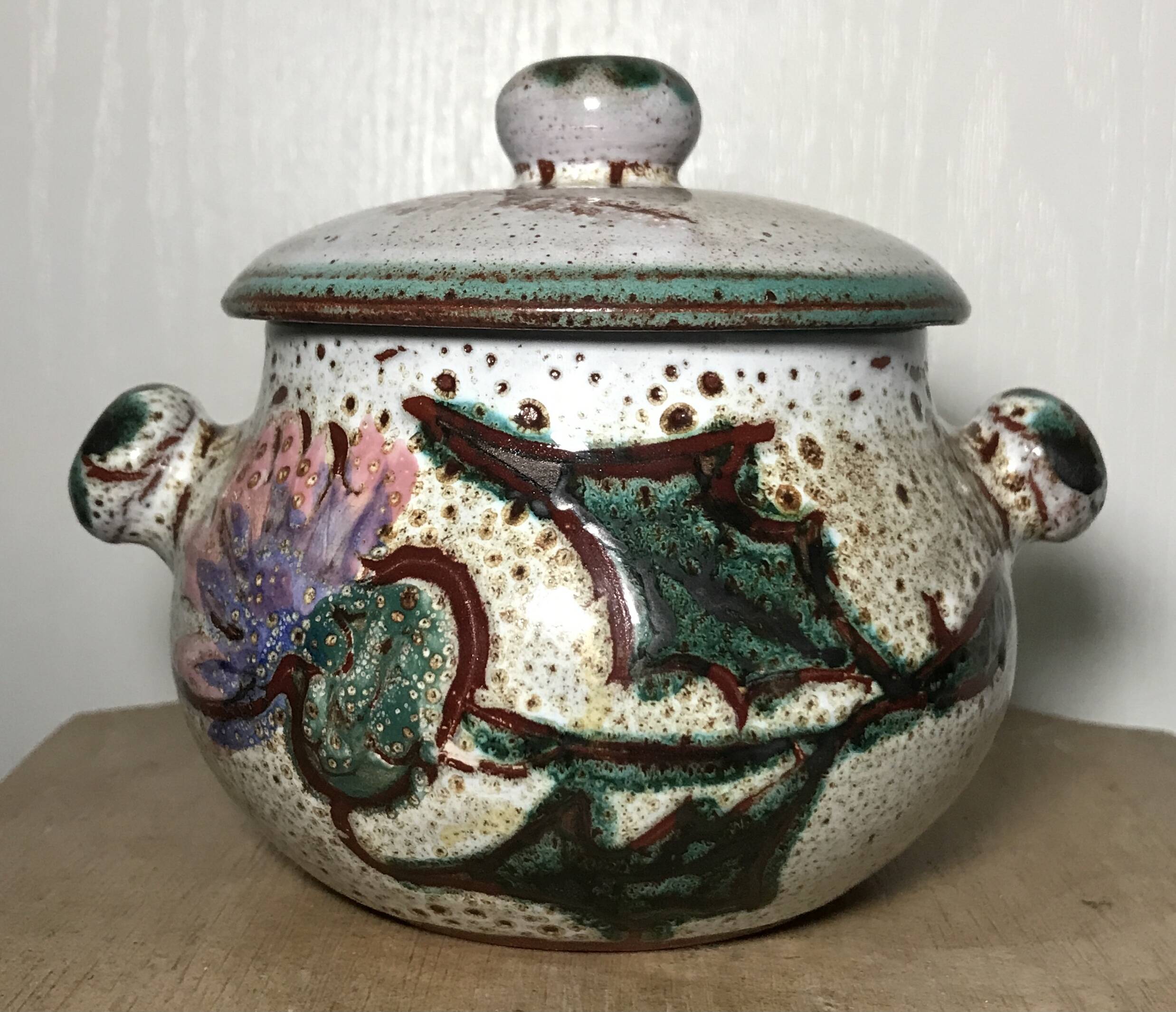Vintage candy jar in enameled ceramic from Vallauris with thistle decoration
