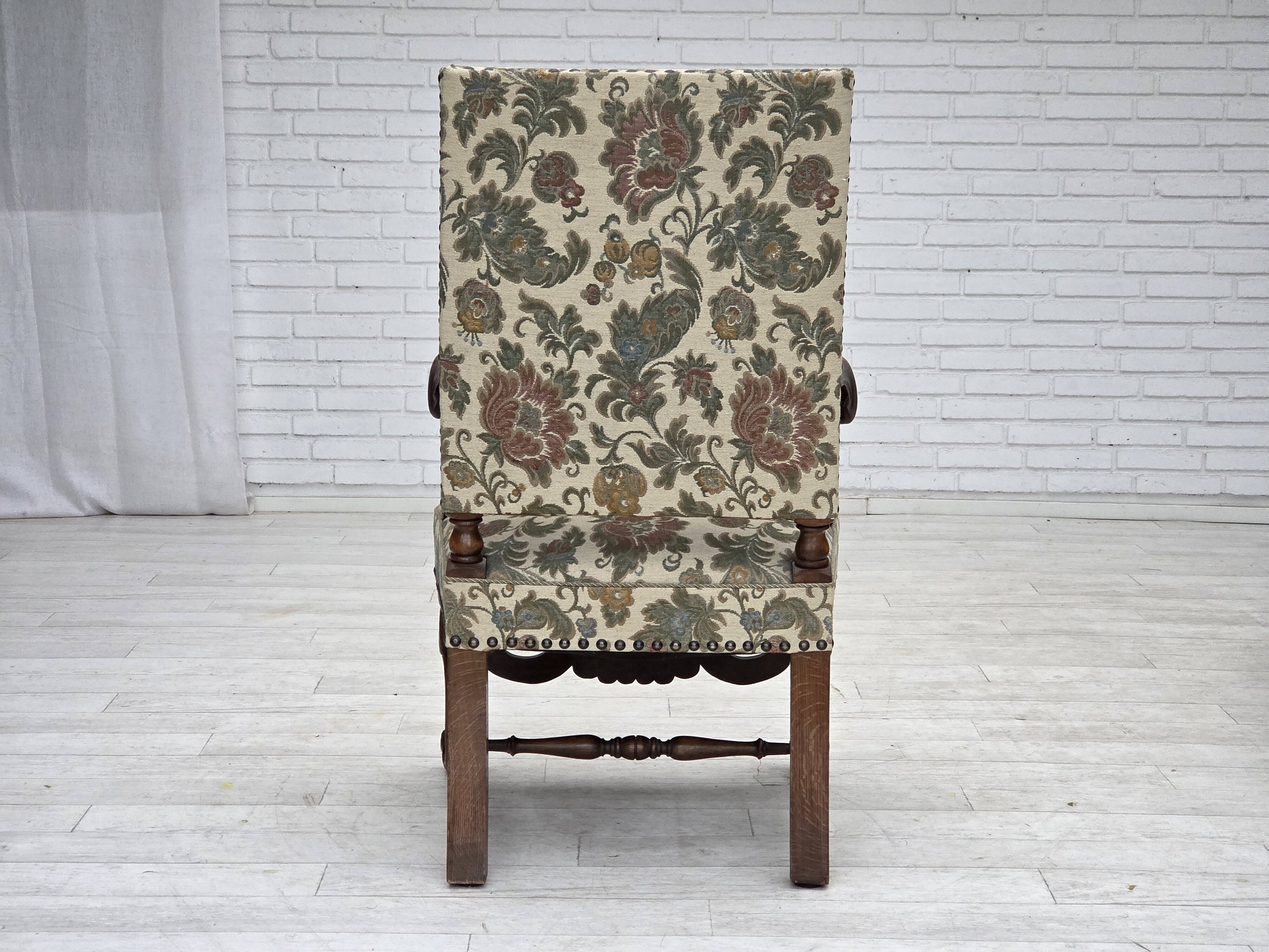 1950s, Scandinavian highback armchair, furniture fabric, oak wood.