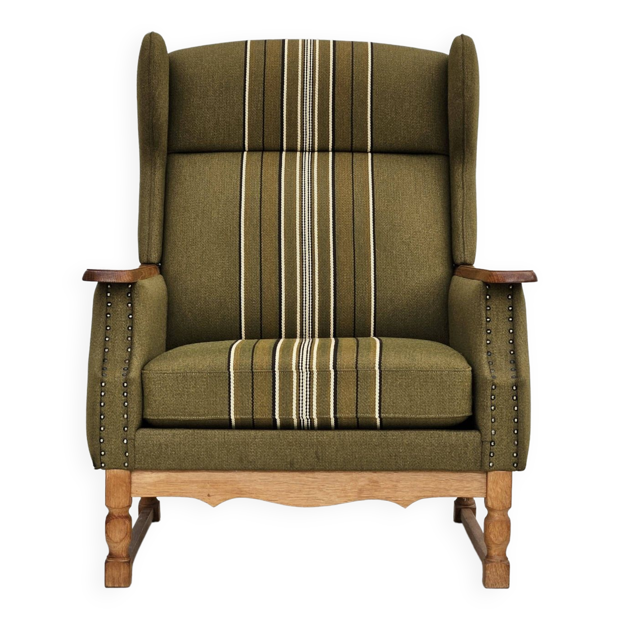 1970s, Danish wingback chair, original upholstery, green furniture wool.