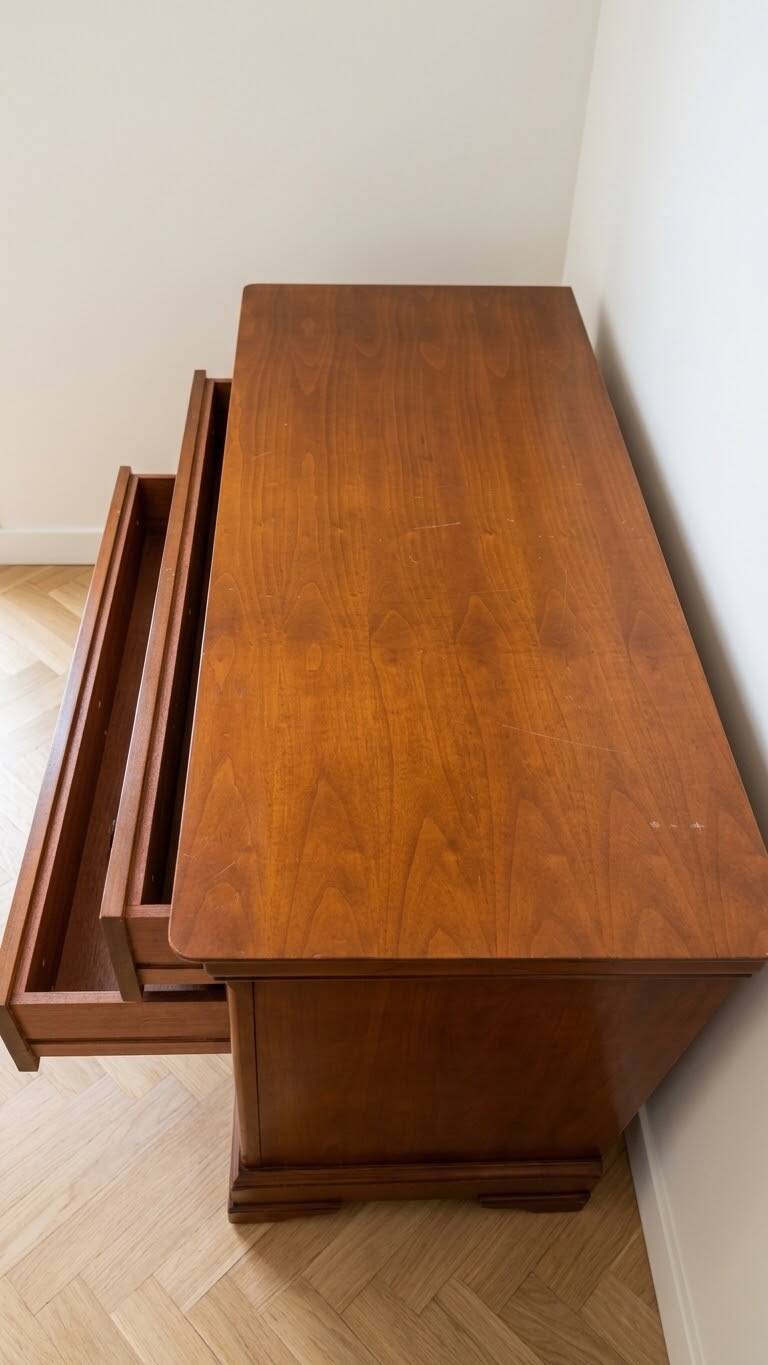 Vintage cherry wood chest of drawers with 3 drawers.