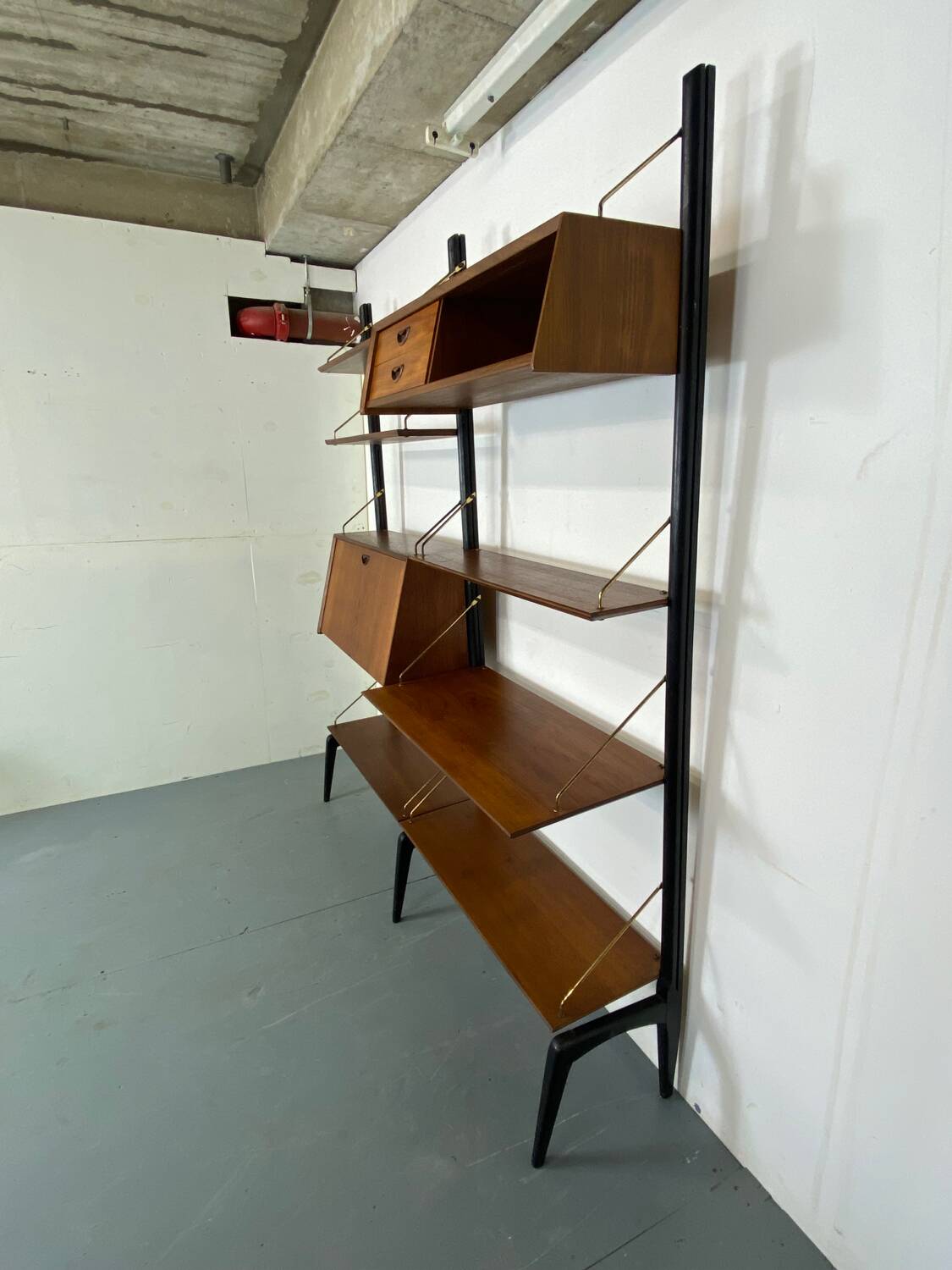 Mid-Century Danish Style Teak and Brass Wall System Unit by Louis Van Teeffelen for Wébé, 1950s