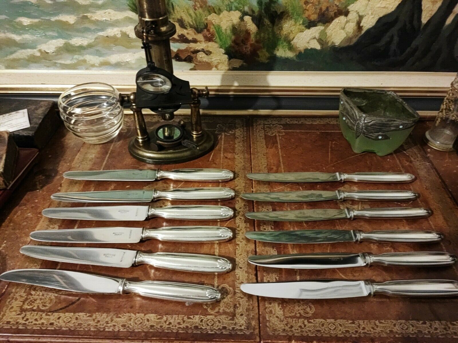 Set of 12 silver metal knives brand Alfénide with their case