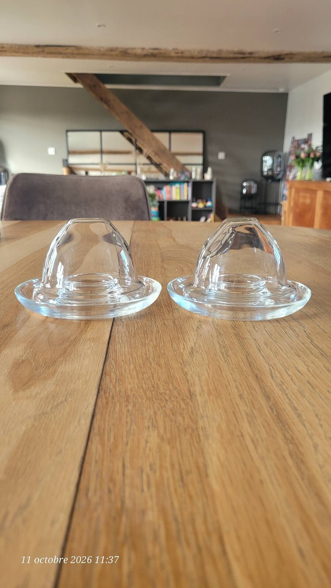 2 egg cups with matching glass cloches in transparent glass