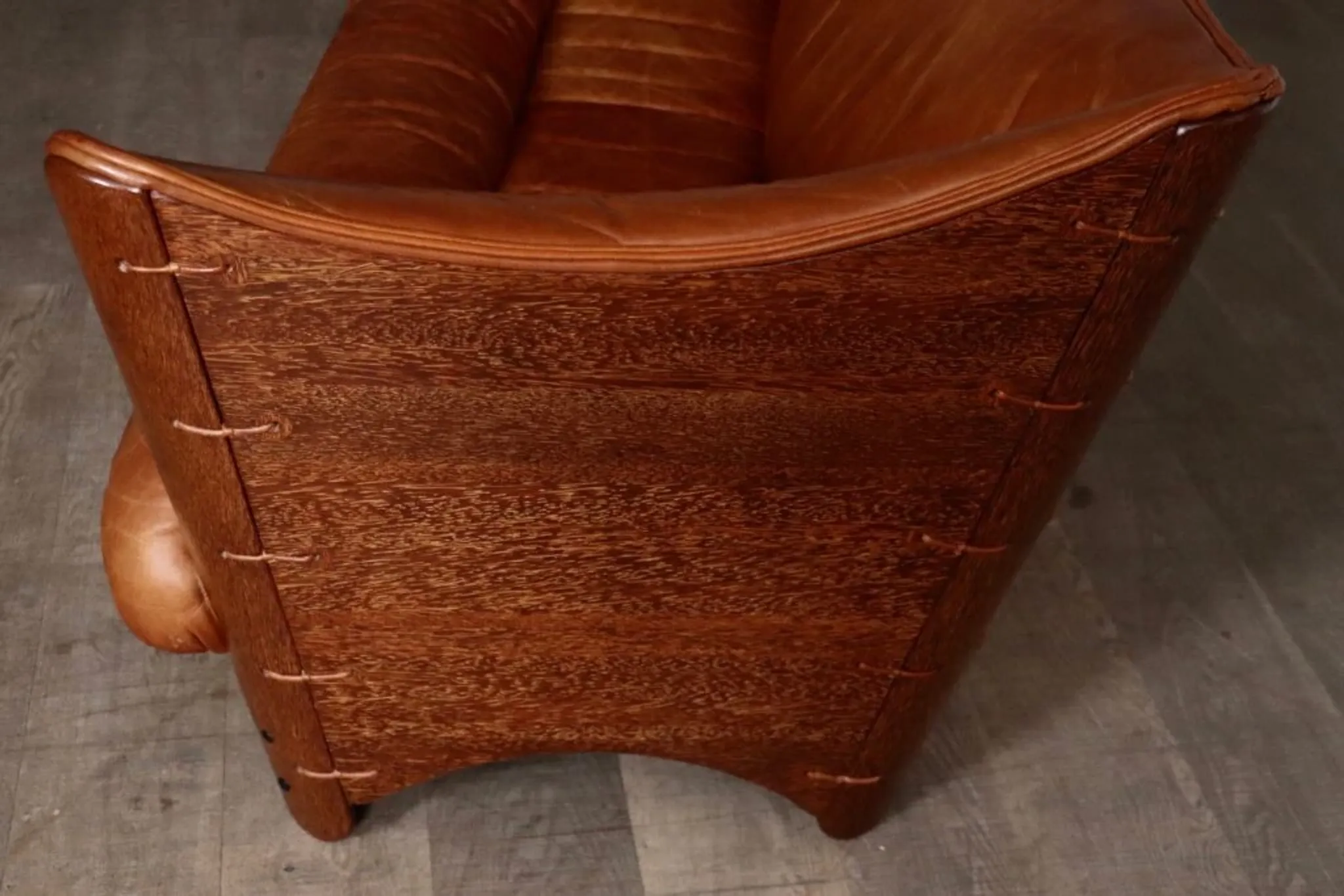 Mid-century sofa in cognac leather and wood by Pacific Green, Australia 1980s