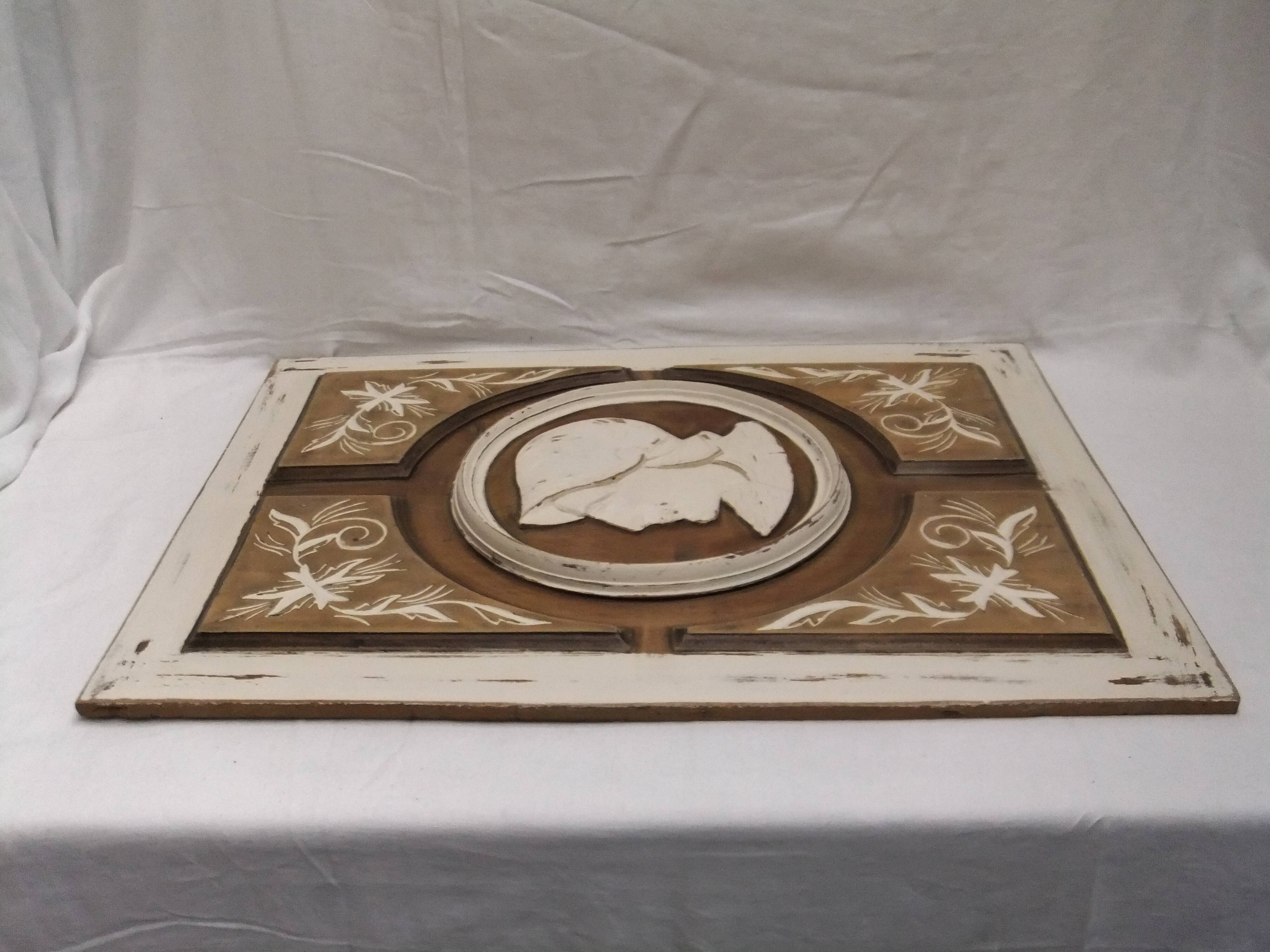 Large bas relief painting medallion woman patina wooden frame ornament