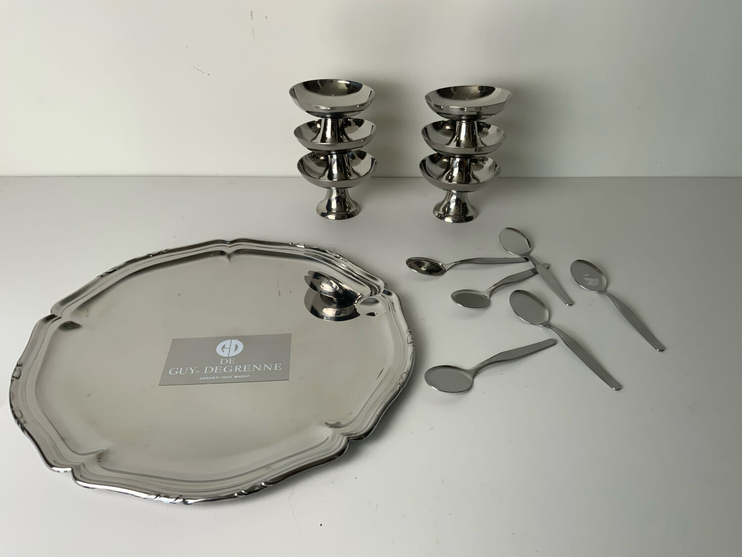 Vintage stainless steel ice cream bowls and tray