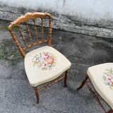Pair of antique turned wooden chairs, embroidered upholstered seats