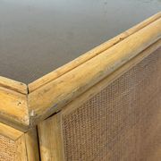 Vintage bamboo and woven rattan desk — glass top