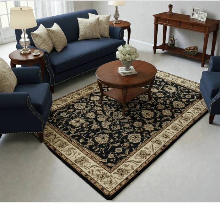 Classic Navy Blue and Gold Rug with a Refined Floral Design