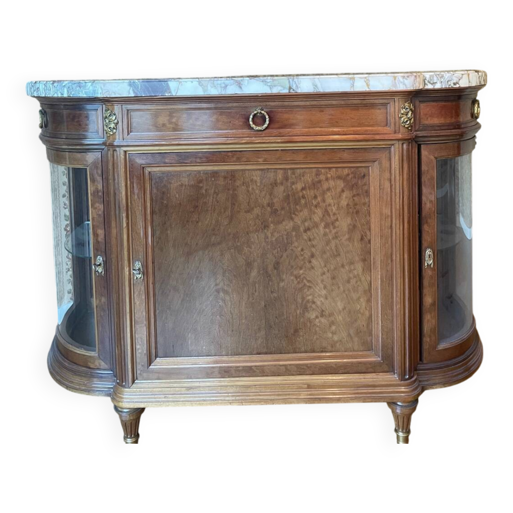 Meuble d’appui Louis XVI en bois précieux, marbre et vitrine – Haentgès Frè