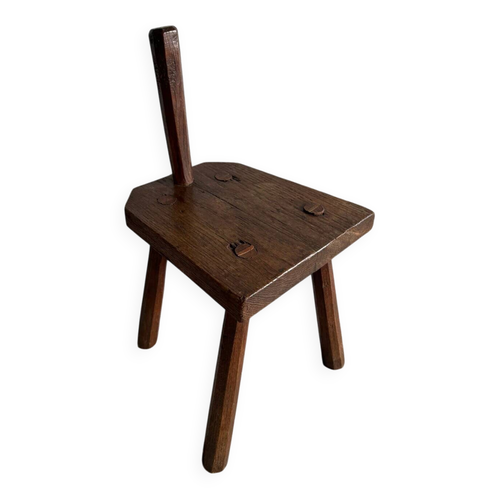 Dark brown solid oak brutalist stool with sculptural backrest, handcrafted mid-century rustic primitive