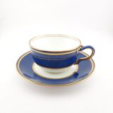 Antique Wedgwood teacup and saucer, bone china. Powder blue and gold English cup and saucer, 1900s