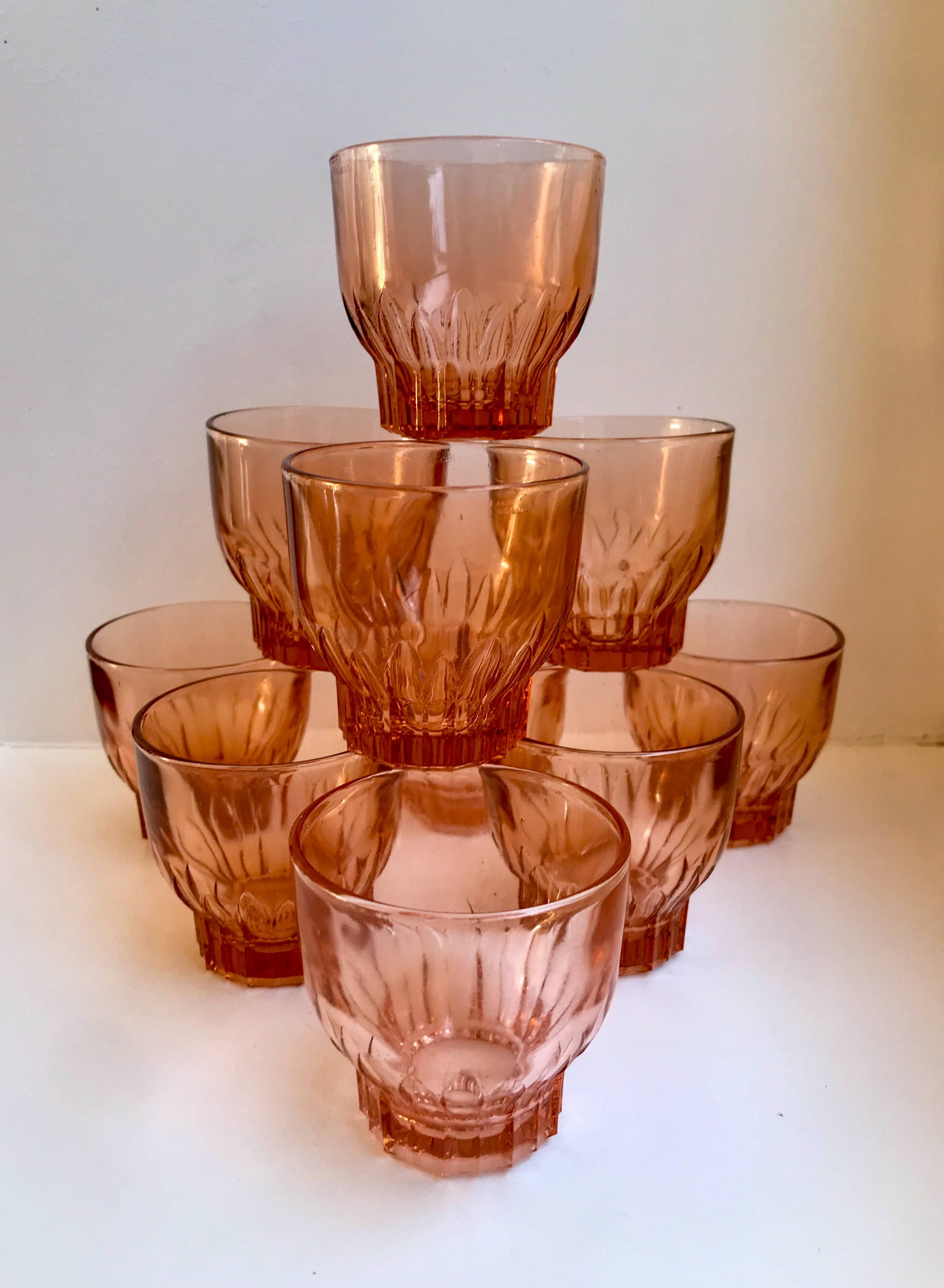Set of 10 60s pink glass water glasses
