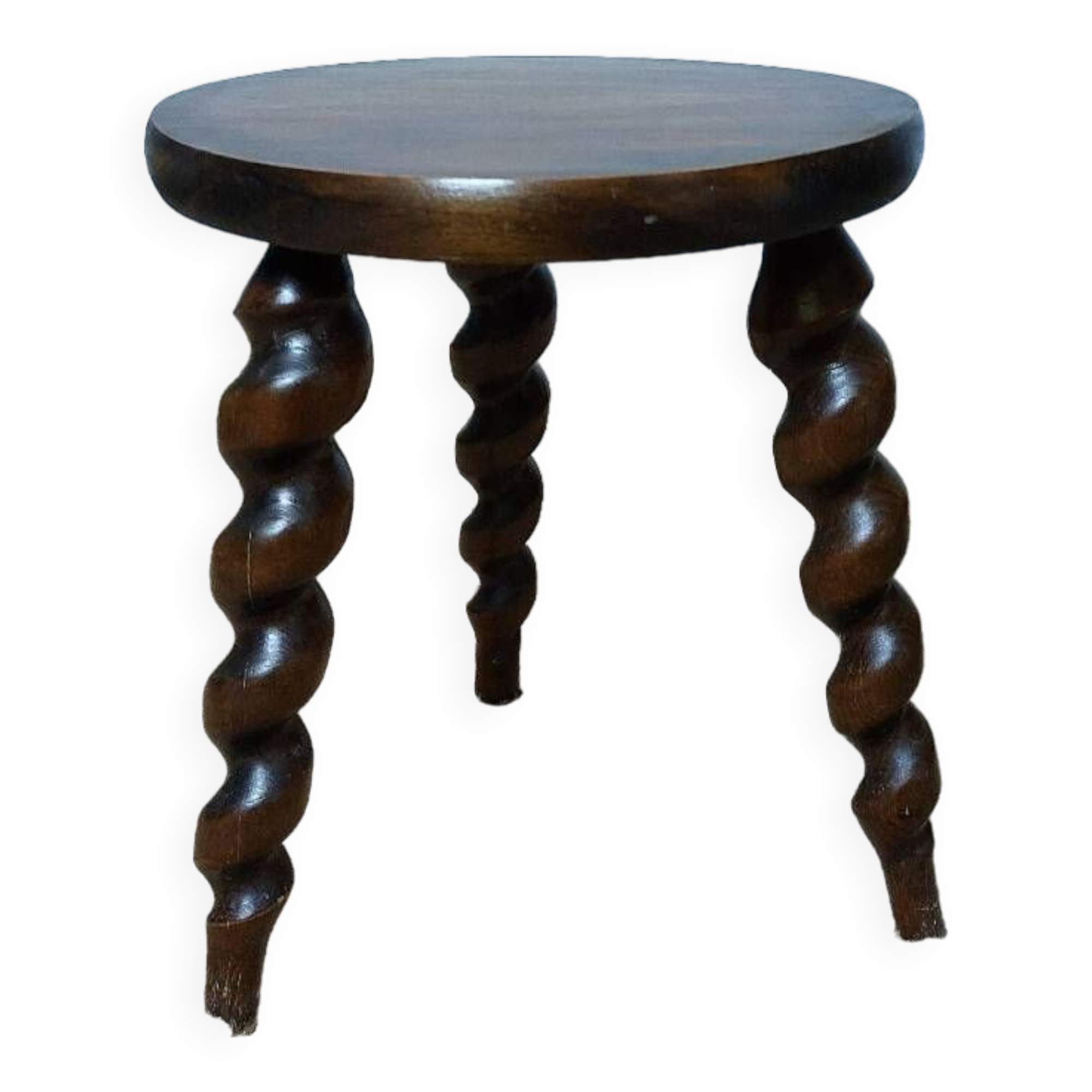 Wooden tripod stool with twisted legs