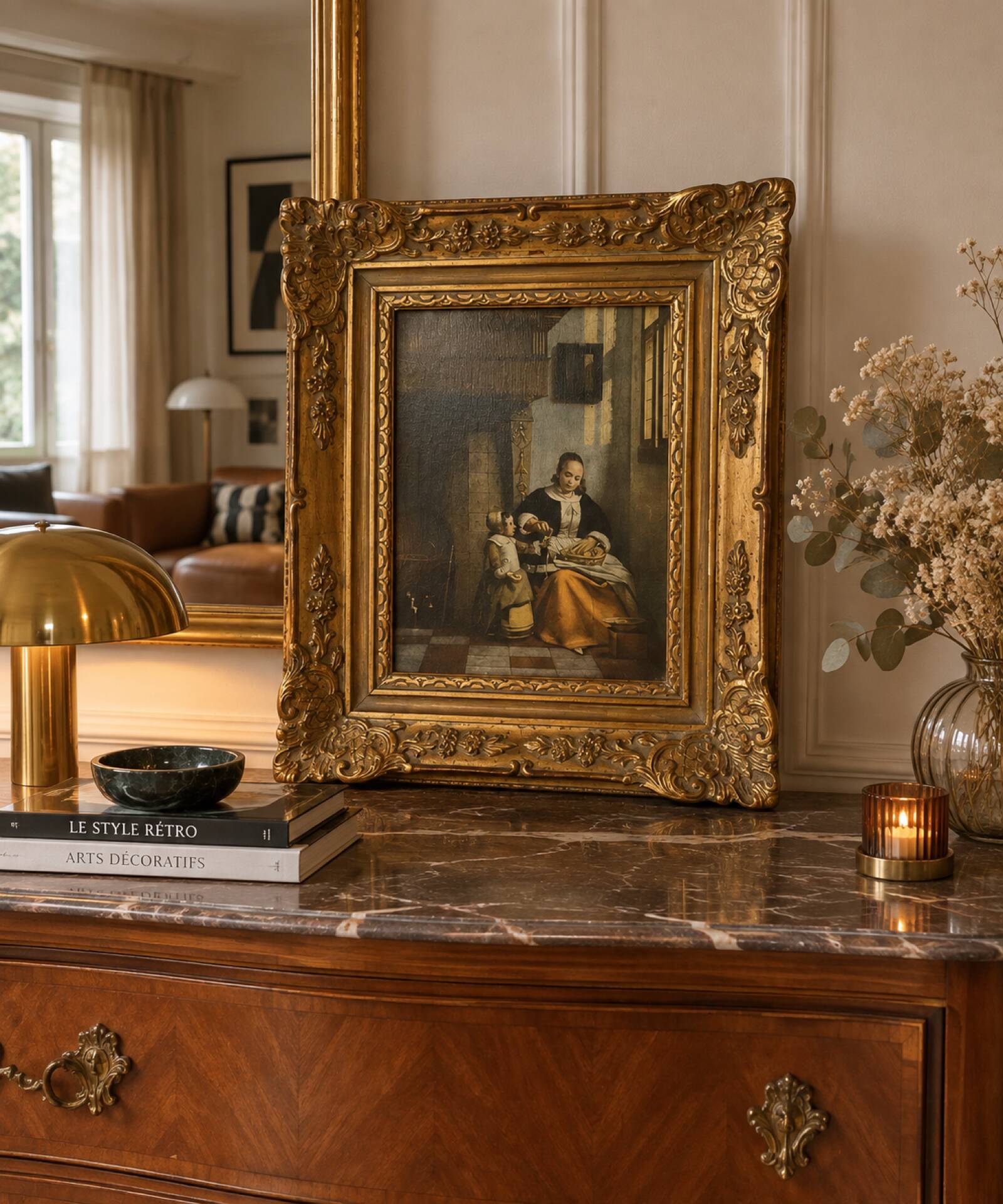 Framed reproduction painting with a golden frame.